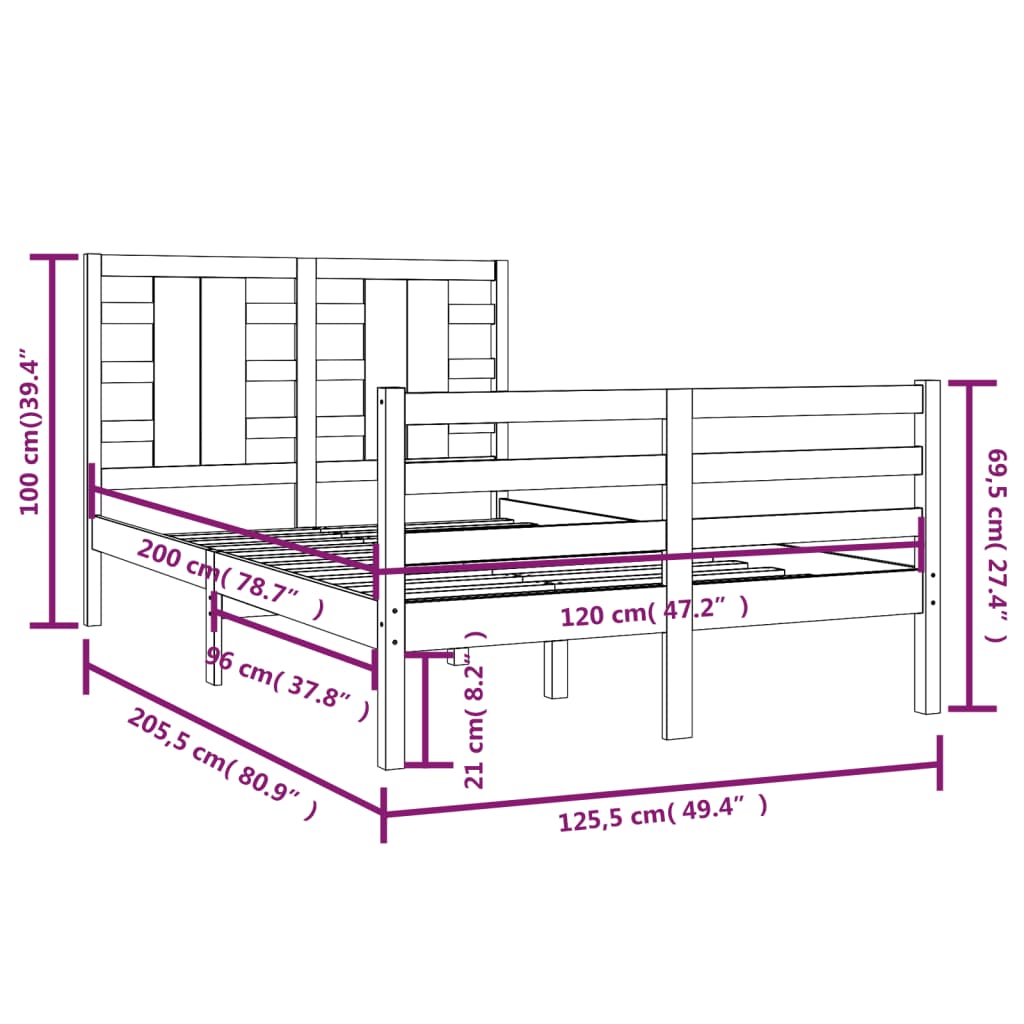 Berkfield Bed Frame Black Solid Wood Pine 120x200 cm