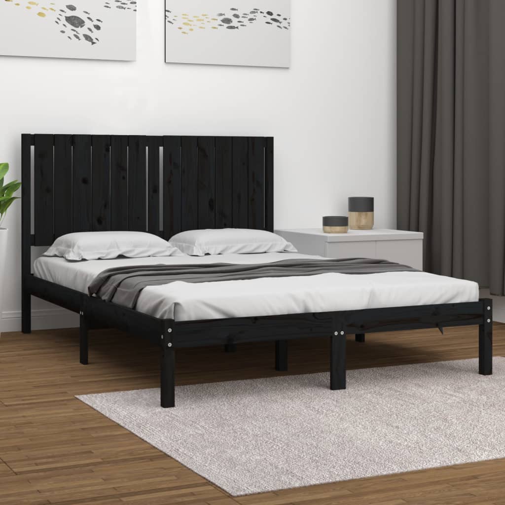 Berkfield Bed Frame Black Solid Wood Pine 135x190 cm Double