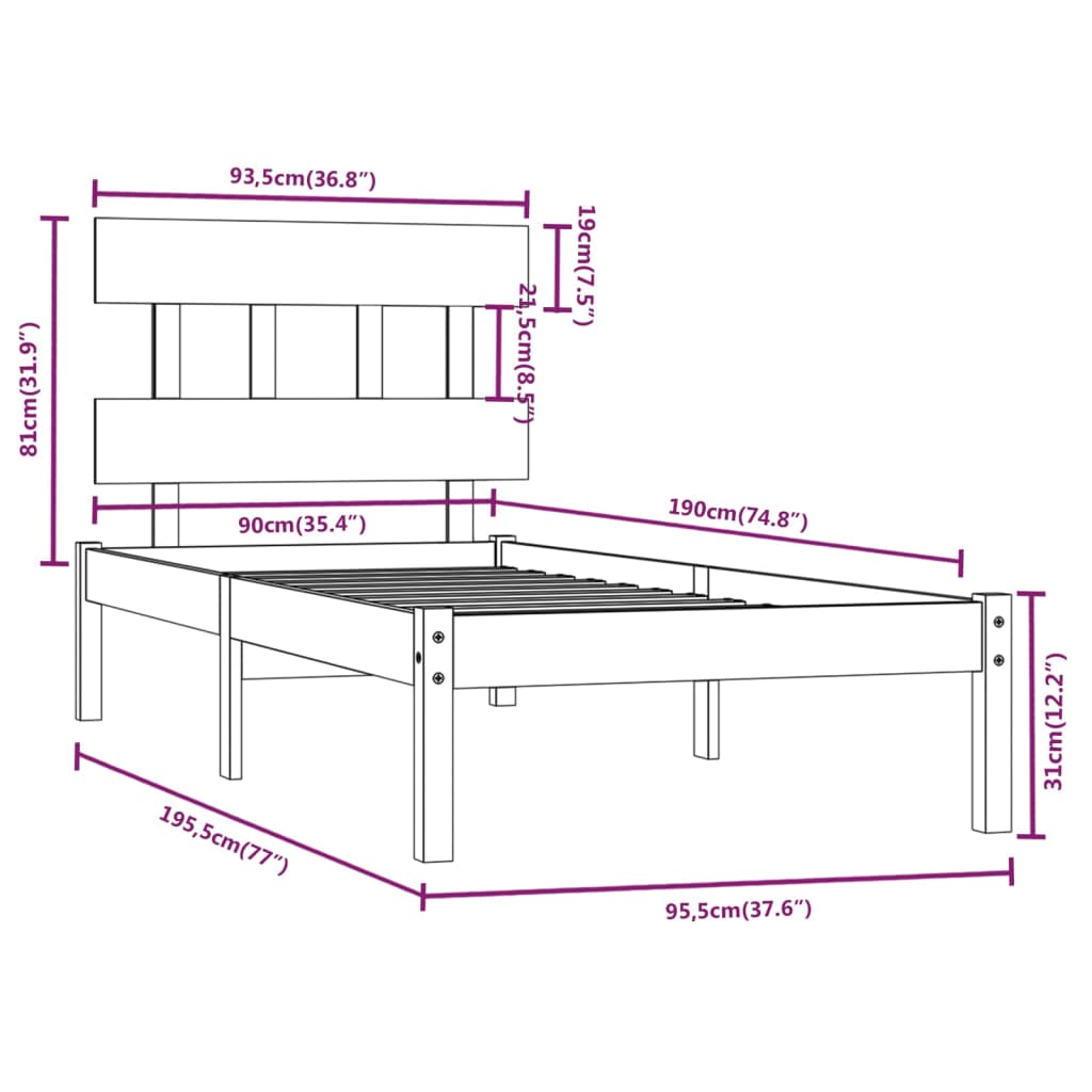 Berkfield Bed Frame Black Solid Wood 90x190 cm Single