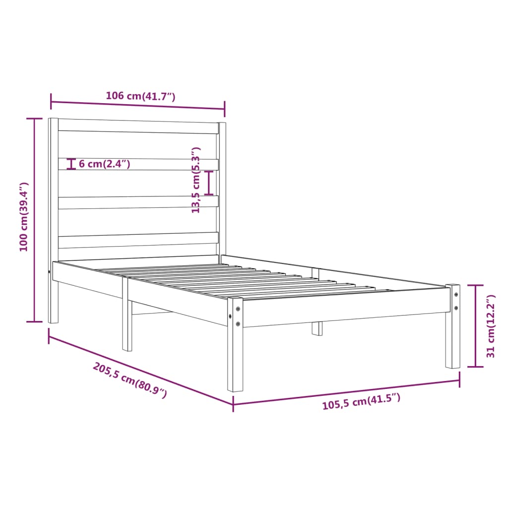 Berkfield Bed Frame Black Solid Wood Pine 100x200 cm