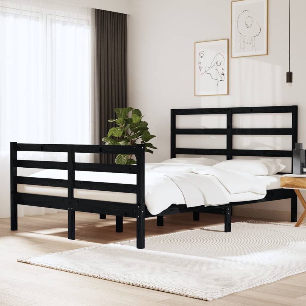 Berkfield Bed Frame Black Solid Wood Pine 135x190 cm Double