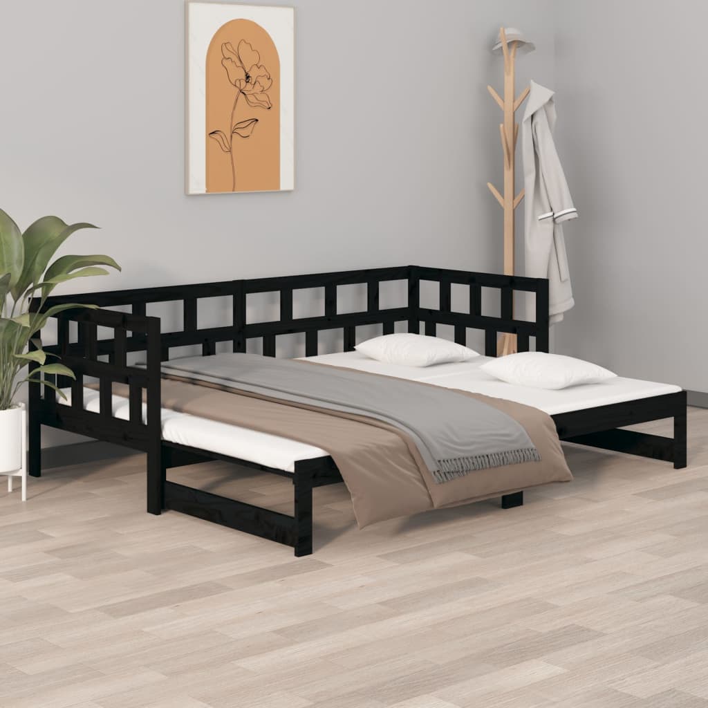 Berkfield Pull-out Day Bed Black Solid Wood Pine 2x(90x200) cm