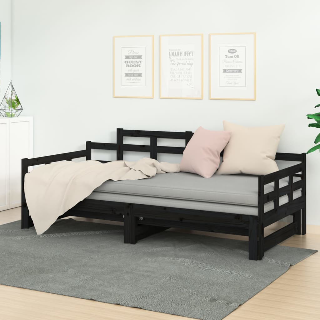 Berkfield Pull-out Day Bed Black Solid Wood Pine 2x(90x200) cm