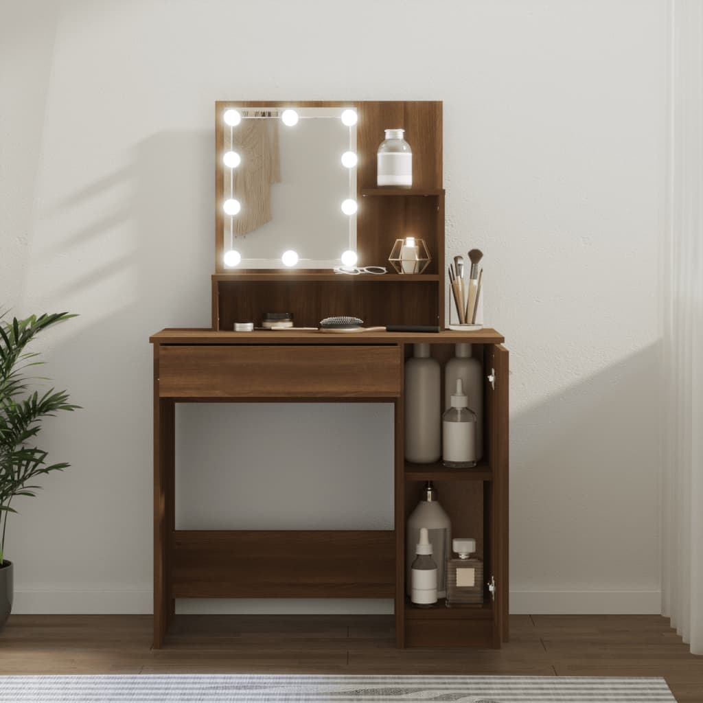 Berkfield Dressing Table with LED Brown Oak 86.5x35x136 cm