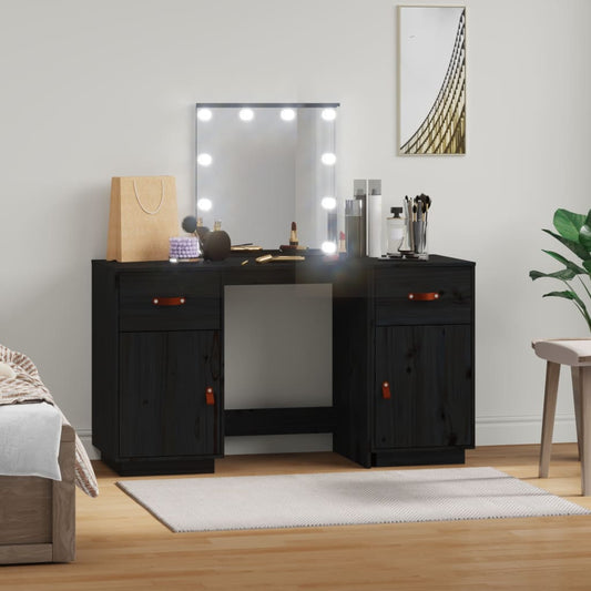 Berkfield Dressing Table Set with LED Black Solid Wood Pine