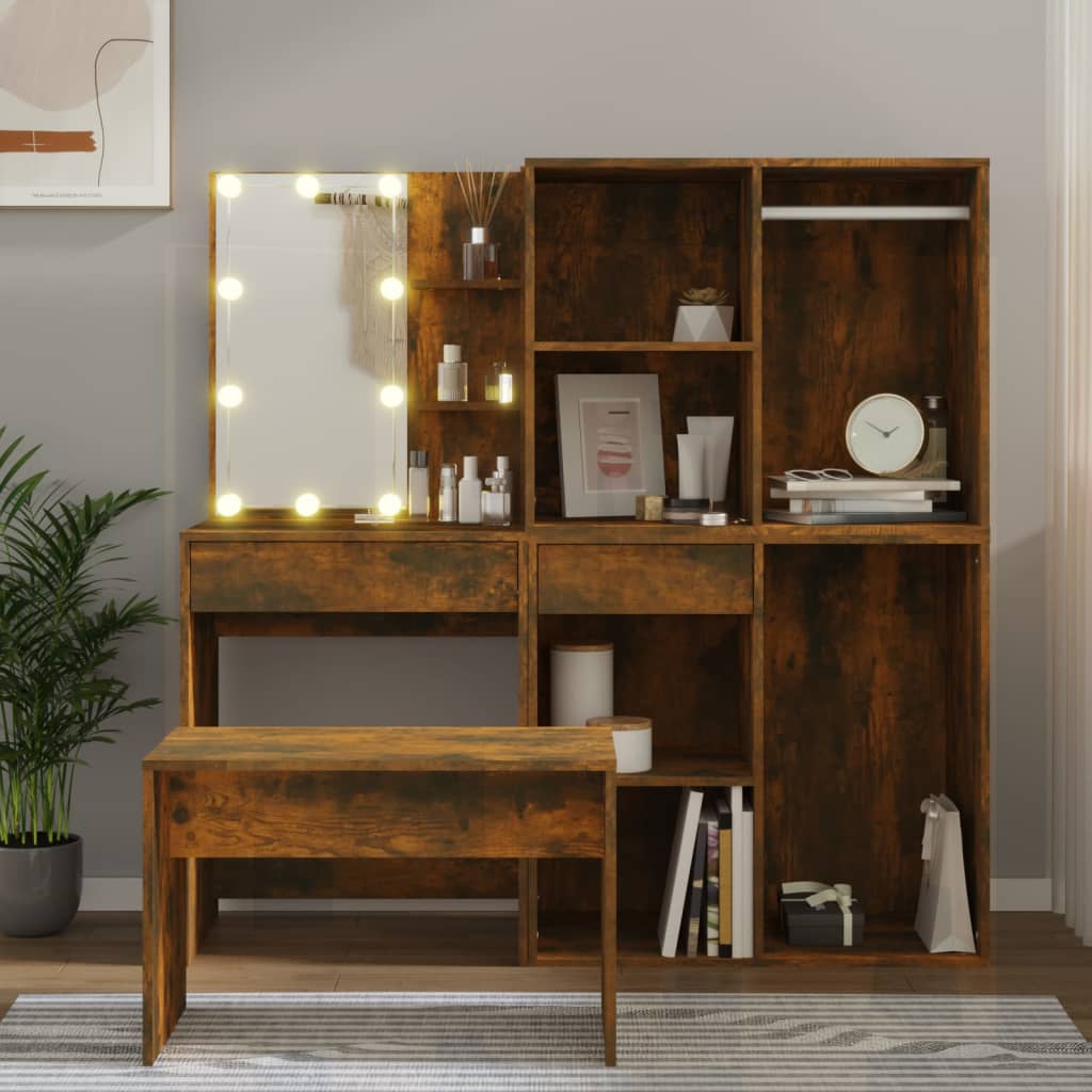 Berkfield Dressing Table Set with LED Smoked Oak Engineered Wood