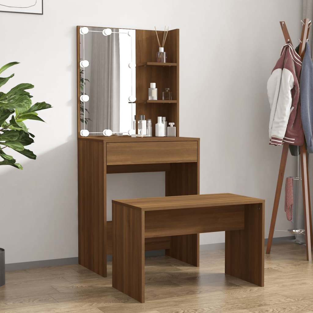 Berkfield Dressing Table Set with LED Brown Oak Engineered Wood
