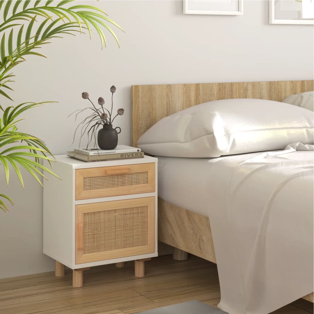 Berkfield Bedside Cabinet White Solid Wood Pine and Natural Rattan
