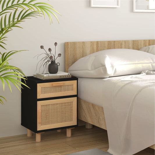 Berkfield Bedside Cabinet Black Solid Wood Pine and Natural Rattan