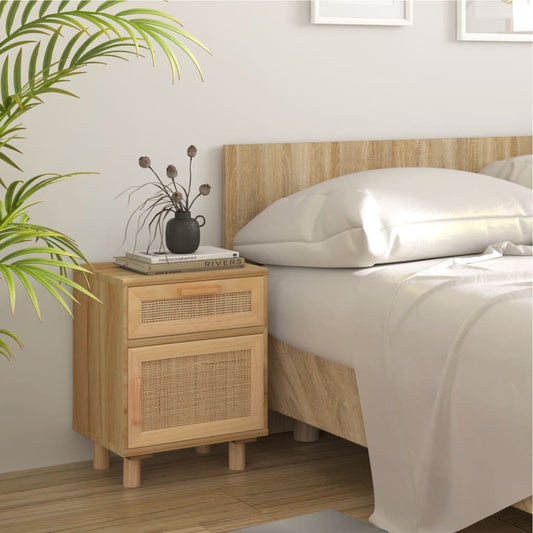 Berkfield Bedside Cabinet Brown Solid Wood Pine and Natural Rattan