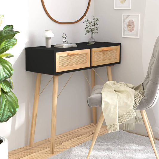 Berkfield Console Table Black 80x30x75 cm Solid Wood Pine&Natural Rattan
