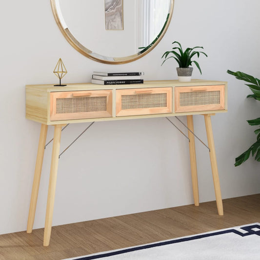 Berkfield Console Table Brown 105x30x75 cm Solid Wood Pine&Natural Rattan