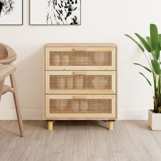 Berkfield Sideboard Brown 60x30x70 cm Solid Wood Pine and Natural Rattan