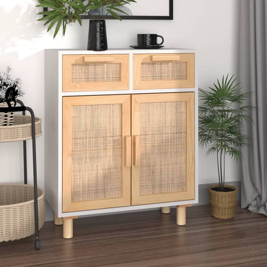 Berkfield Sideboard White 60x30x75 cm Solid Wood Pine and Natural Rattan