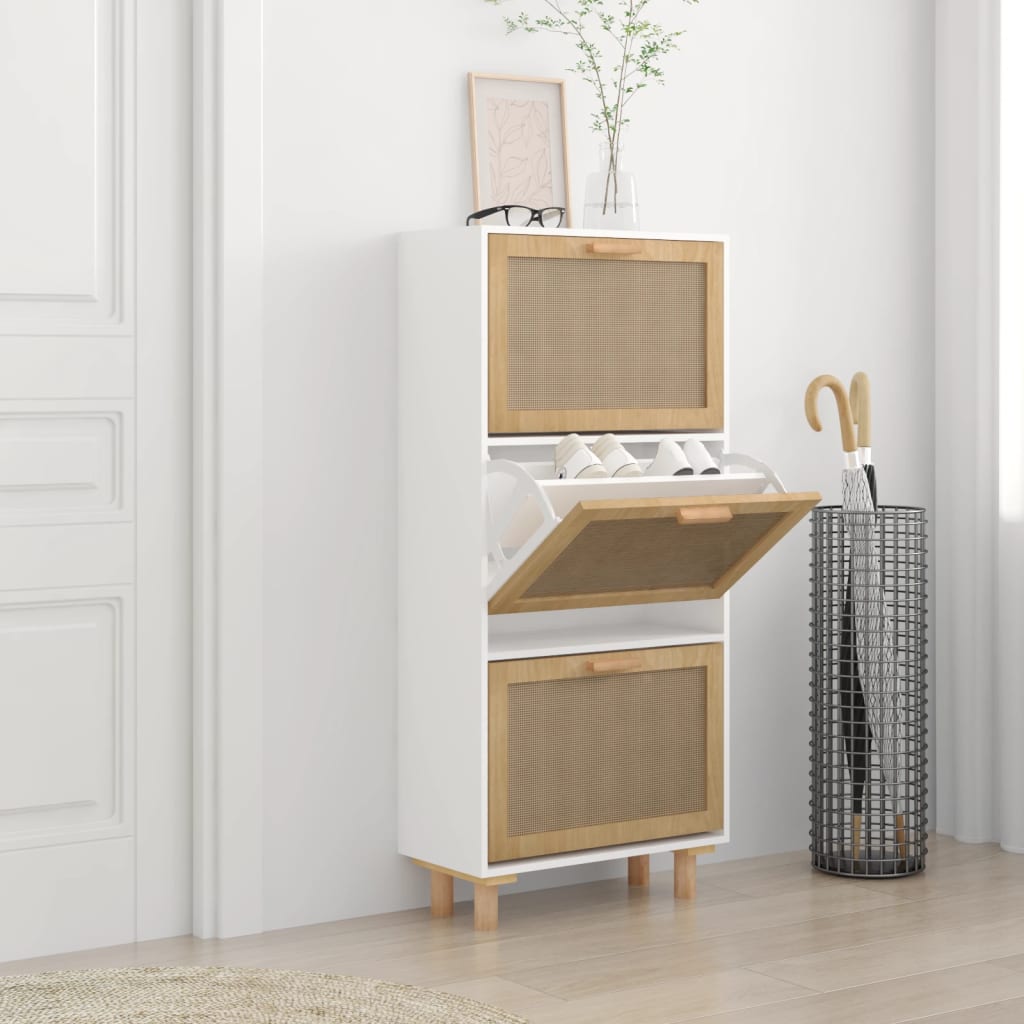 Berkfield Shoe Cabinet White 52x25x115 cm Engineered Wood&Natural Rattan