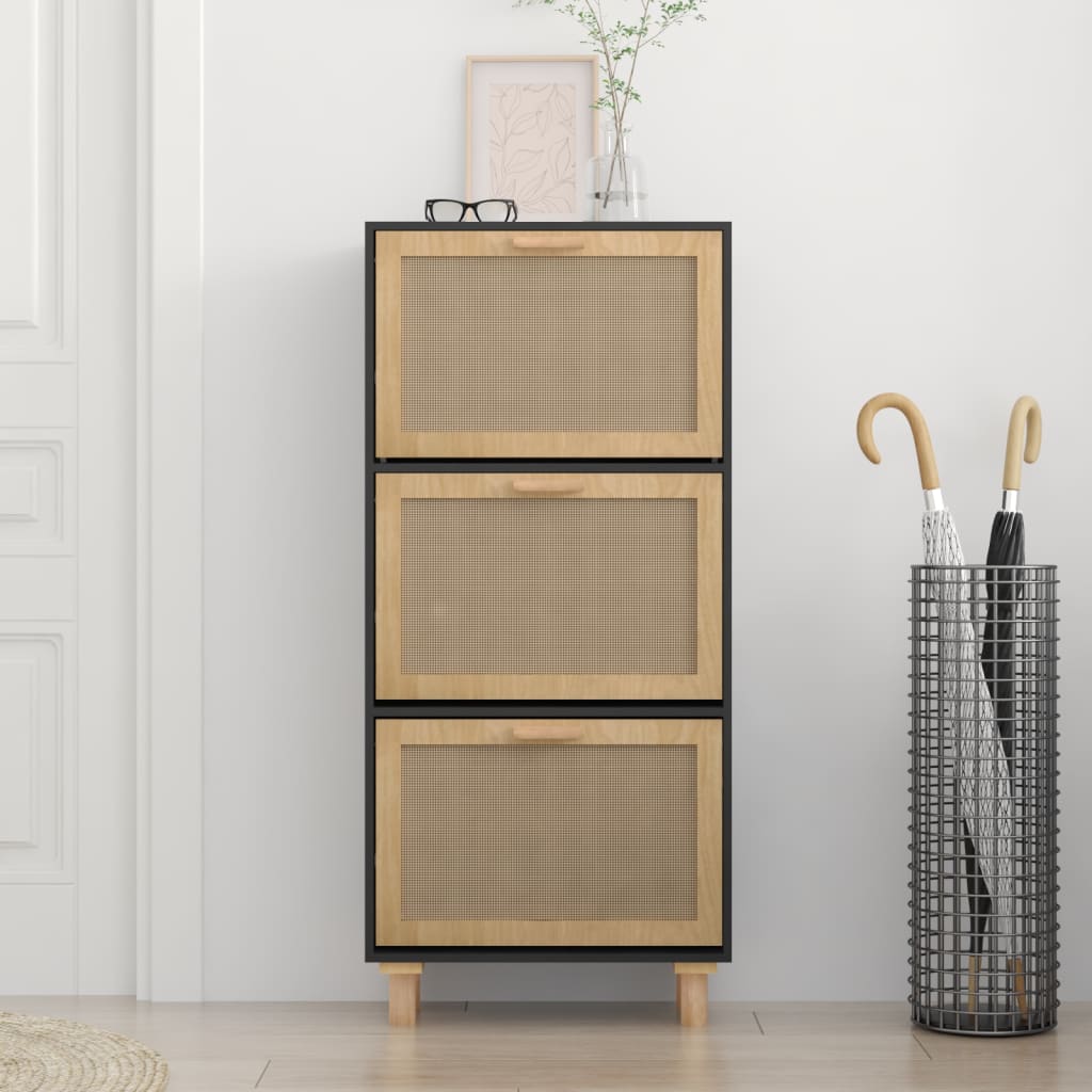 Berkfield Shoe Cabinet Black 52x25x115 cm Engineered Wood&Natural Rattan