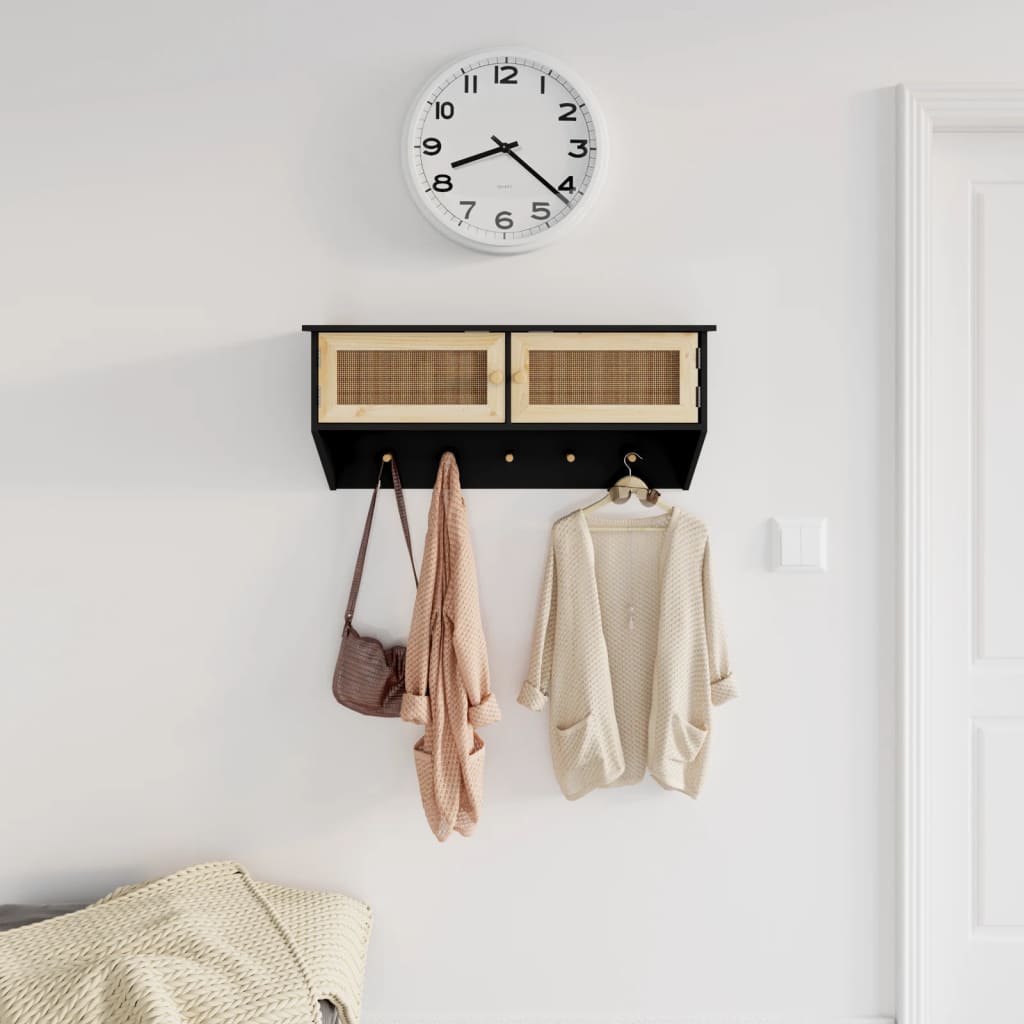 Berkfield Wall-mounted Coat Rack Black Engineered Wood and Natural Rattan