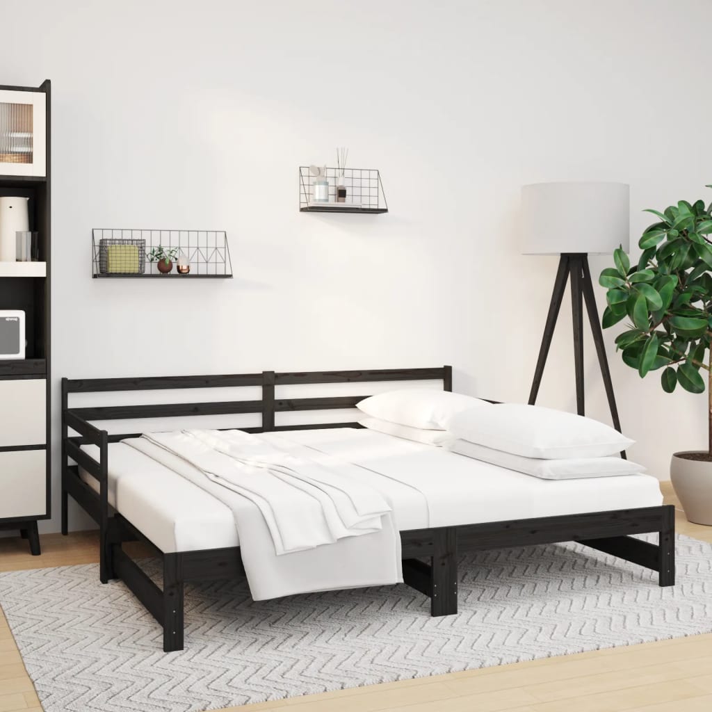Berkfield Pull-out Day Bed Black 2x(80x200) cm Solid Wood Pine