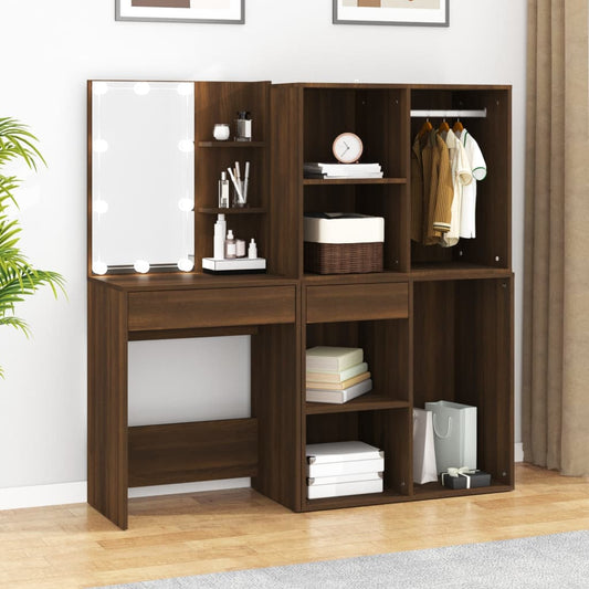 Berkfield LED Dressing Table with Cabinets Brown Oak Engineered Wood