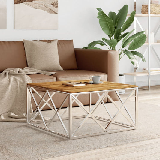 Berkfield Coffee Table Silver Stainless Steel and Solid Wood Acacia