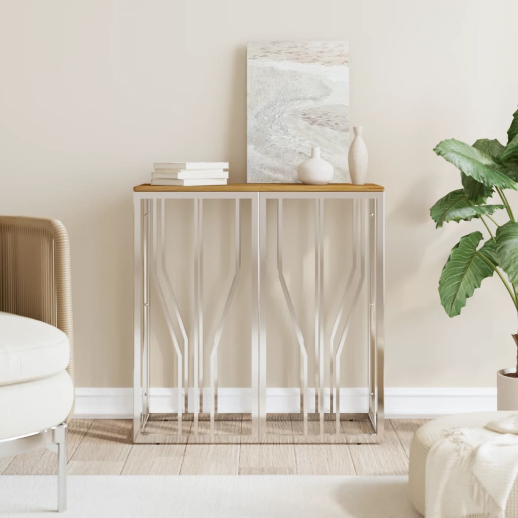 Berkfield Console Table Silver Stainless Steel and Solid Wood Acacia