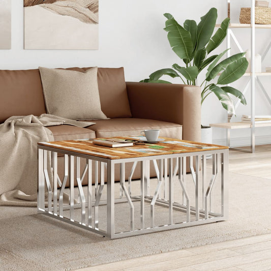 Berkfield Coffee Table Silver Stainless Steel and Solid Wood Reclaimed