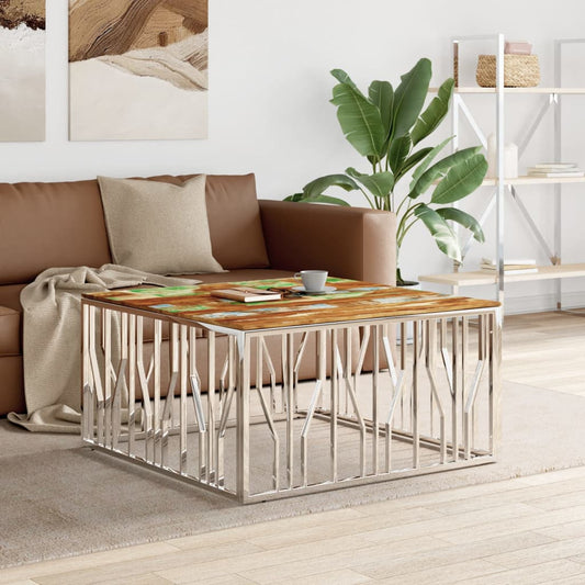 Berkfield Coffee Table Silver Stainless Steel and Solid Wood Reclaimed