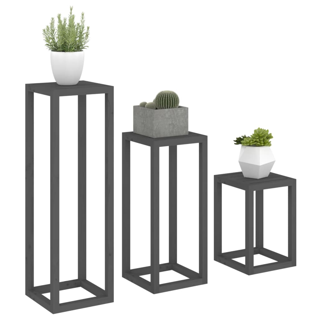 Berkfield 3 Piece Plant Stand Set Grey Solid Wood Pine