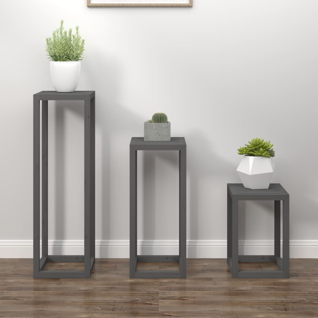 Berkfield 3 Piece Plant Stand Set Grey Solid Wood Pine