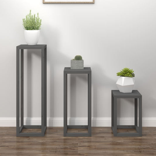 Berkfield 3 Piece Plant Stand Set Grey Solid Wood Pine