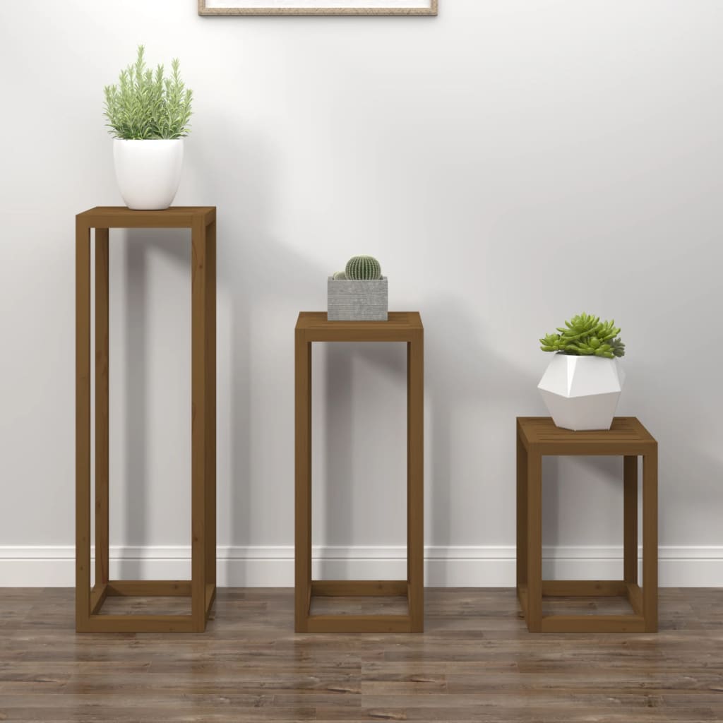 Berkfield 3 Piece Plant Stand Set Honey Brown Solid Wood Pine