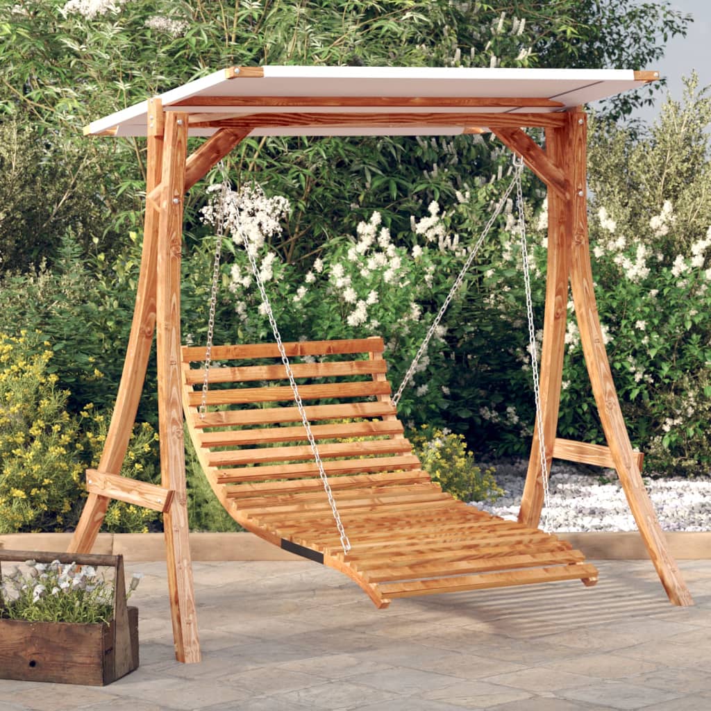 Berkfield Swing Bed with Canopy Solid Wood Spruce with Teak Finish