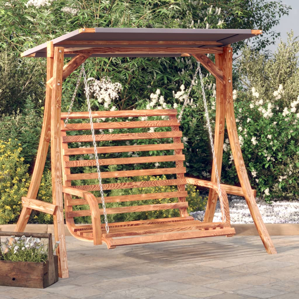 Berkfield Swing Bench with Canopy Solid Wood Spruce with Teak Finish