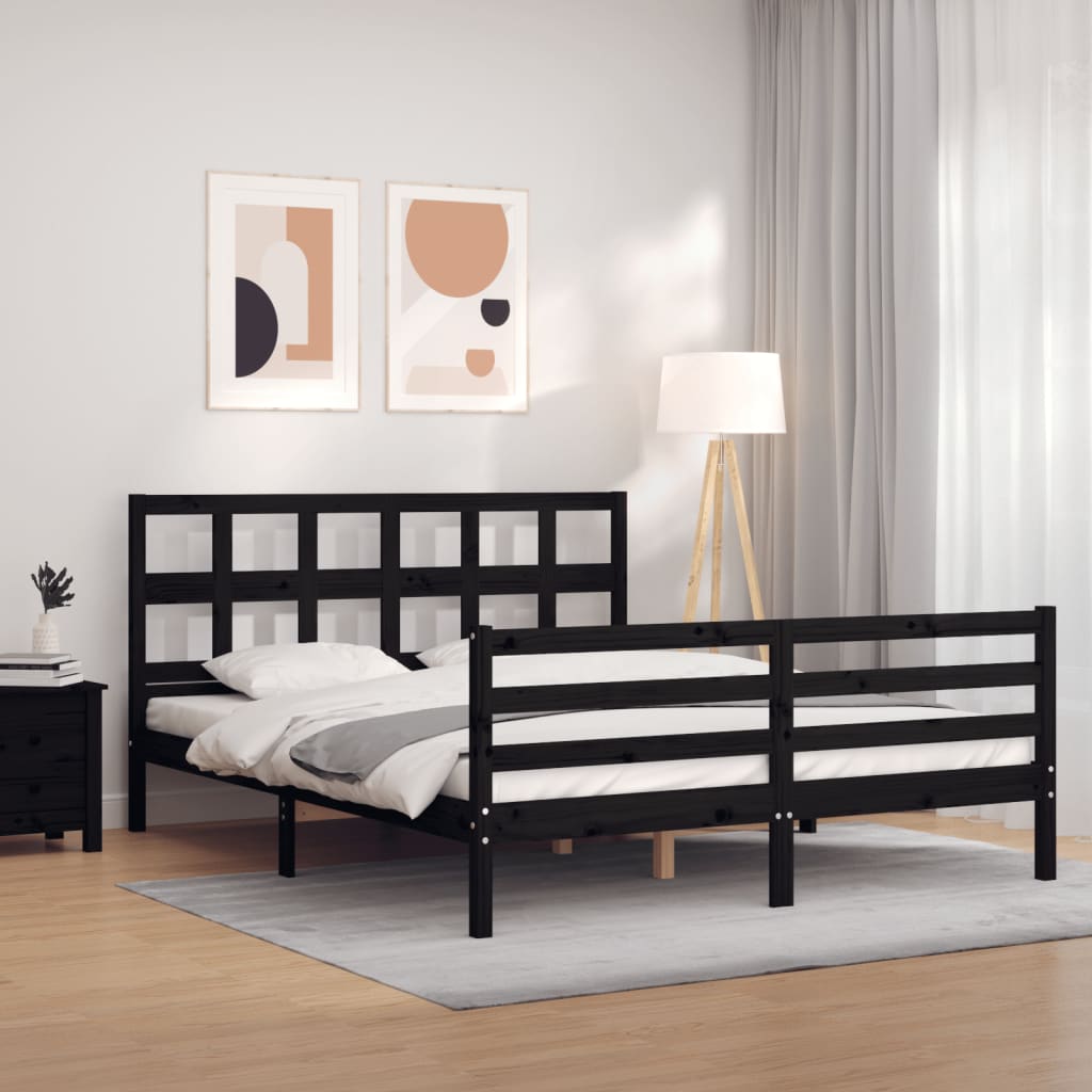 Berkfield Bed Frame with Headboard Black King Size Solid Wood