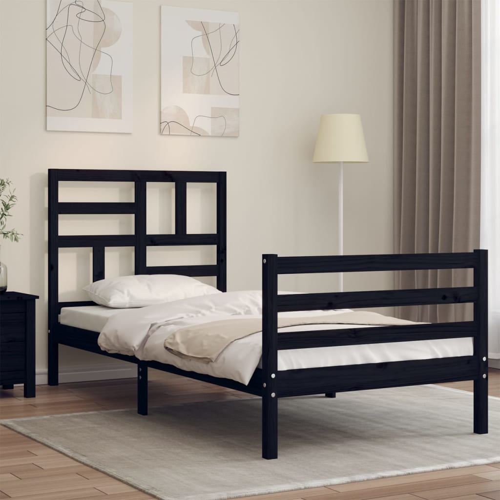 Berkfield Bed Frame with Headboard Black Single Solid Wood