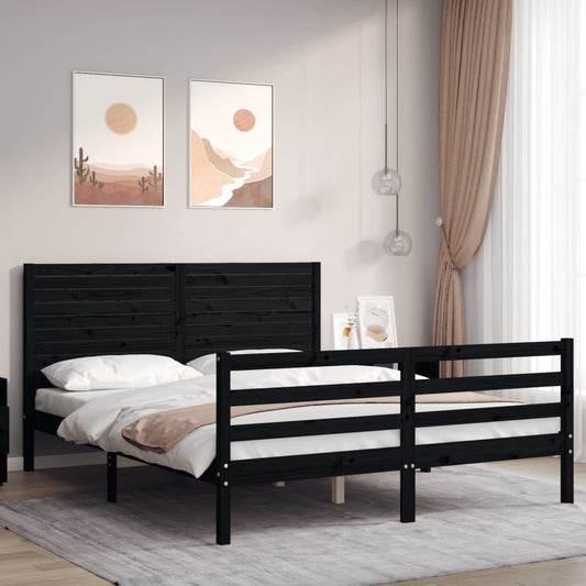 Berkfield Bed Frame with Headboard Black King Size Solid Wood
