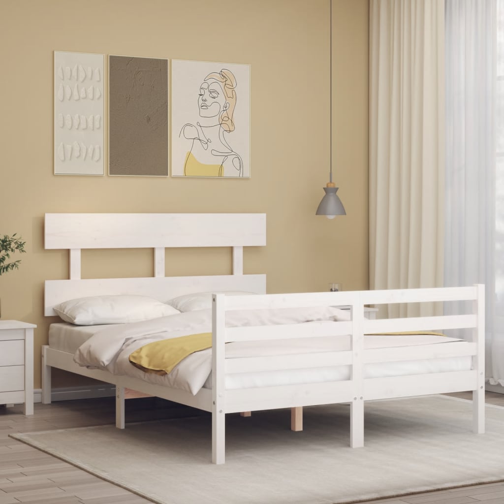 Berkfield Bed Frame with Headboard White Double Solid Wood
