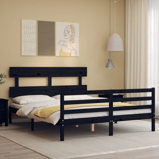 Berkfield Bed Frame with Headboard Black King Size Solid Wood