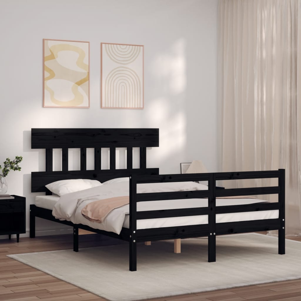 Berkfield Bed Frame with Headboard Black Small Double Solid Wood