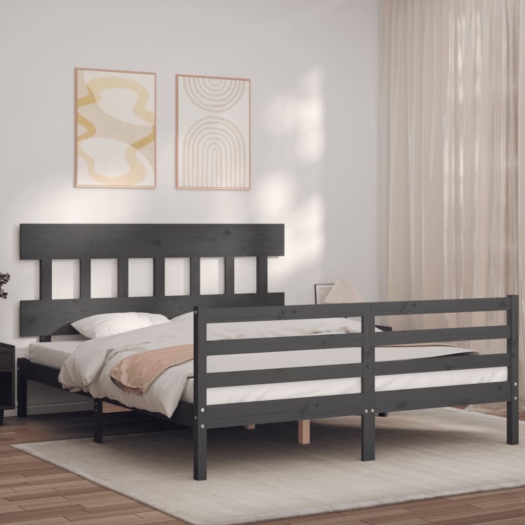 Berkfield Bed Frame with Headboard Grey King Size Solid Wood