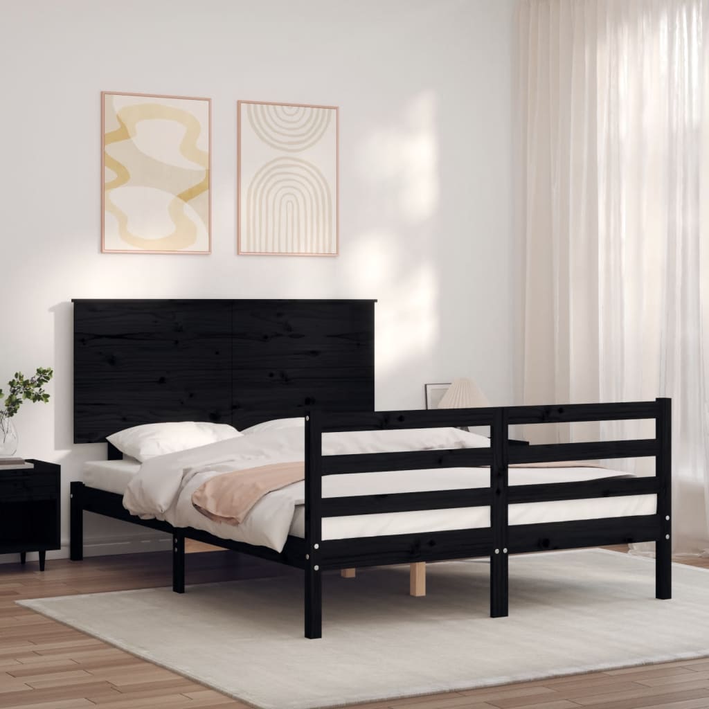 Berkfield Bed Frame with Headboard Black Small Double Solid Wood