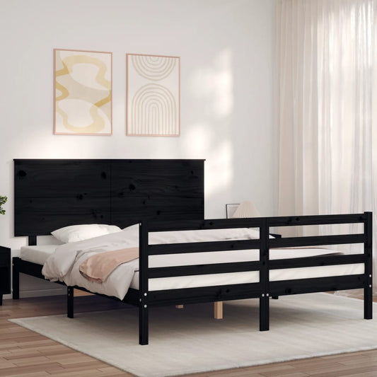Berkfield Bed Frame with Headboard Black King Size Solid Wood