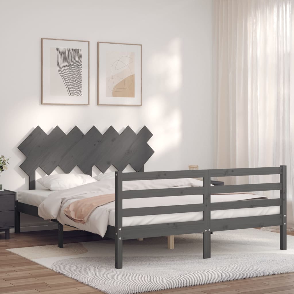 Berkfield Bed Frame with Headboard Grey King Size Solid Wood