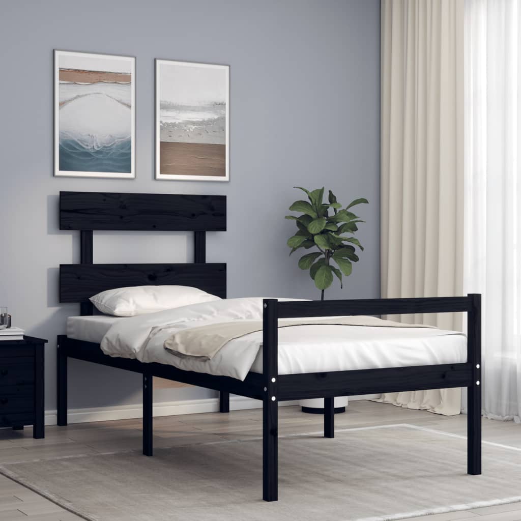 Berkfield Bed Frame with Headboard Black Small Single Solid Wood