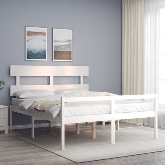 Berkfield Bed Frame with Headboard White King Size Solid Wood
