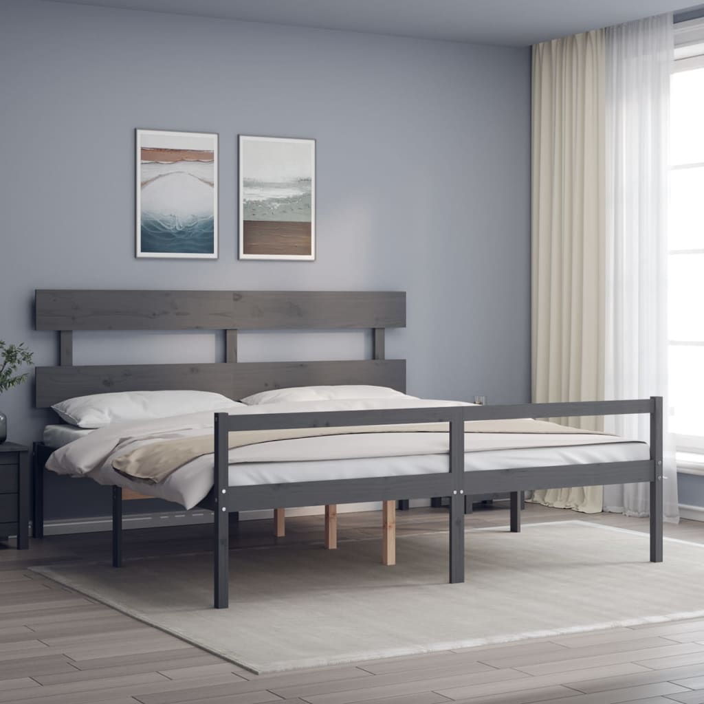 Berkfield Bed Frame with Headboard Grey Super King Size Solid Wood