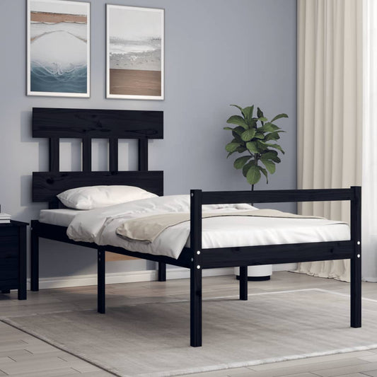 Berkfield Bed Frame with Headboard Black Small Single Solid Wood