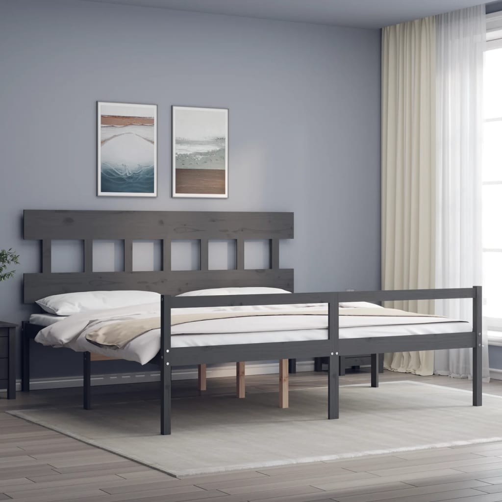 Berkfield Bed Frame with Headboard Grey Super King Size Solid Wood