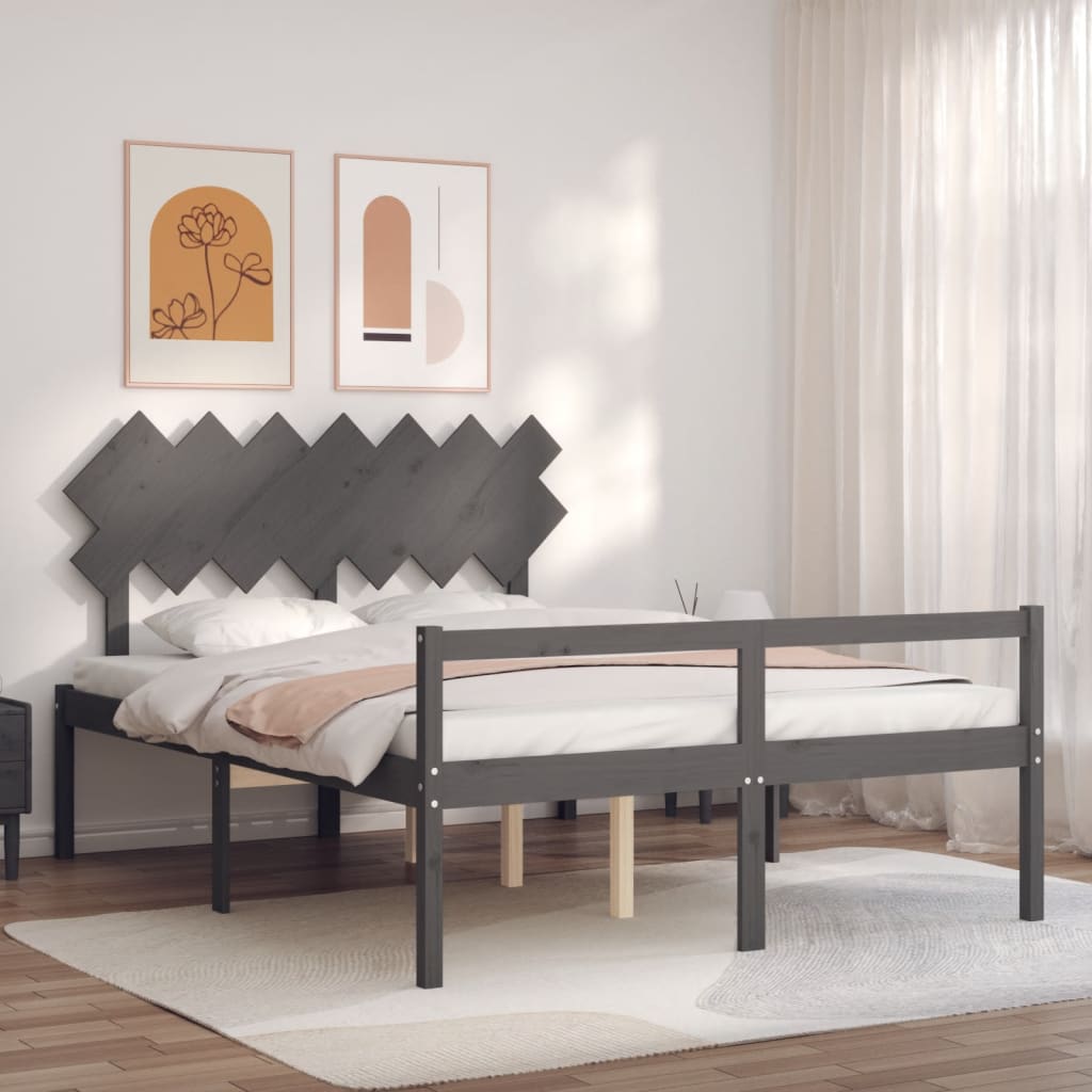 Berkfield Bed Frame with Headboard Grey King Size Solid Wood