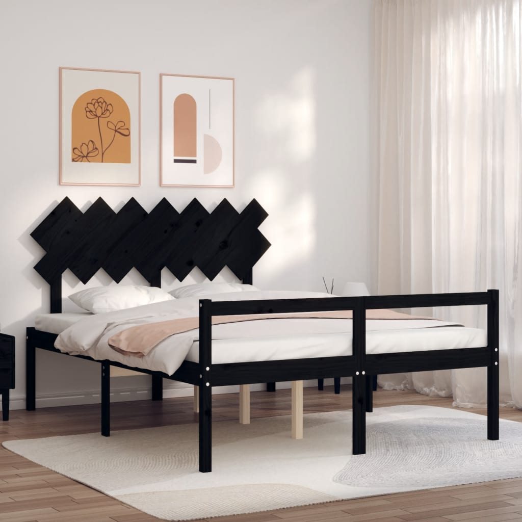 Berkfield Bed Frame with Headboard Black King Size Solid Wood 100x200 cm